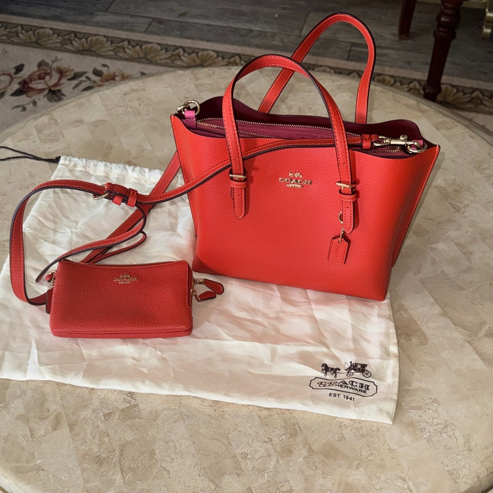 Coach Orange Leather Mollie 25 Tote Bag with matching wallet